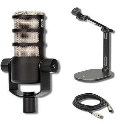Rode PodMic Dynamic Broadcast Microphone Bundle with DS2 Weighted-Base Desktop Mic Arm and 10-Foot Balanced XLR Cable — Cardioid XLR Studio Mic for Podcasting, Streaming, Voice Over, Broadcasting