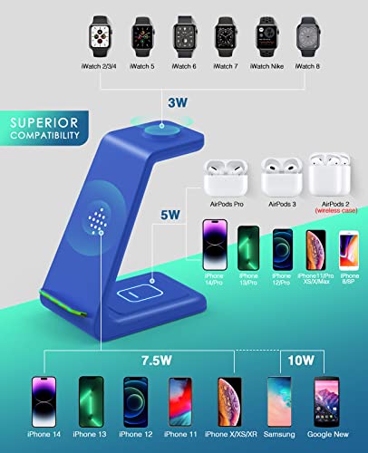 3 in 1 Wireless Charging Station, 2026 Upgraded Fast Desk Charger Station for iPhone 17 16 15 14 13 12 Pro Max Plus, Charger Stand for Apple Watch 10 9 8 7 6 5 4 3 2 SE, Airpods 4 3 2 Pro(Blue) - color: D-Blue