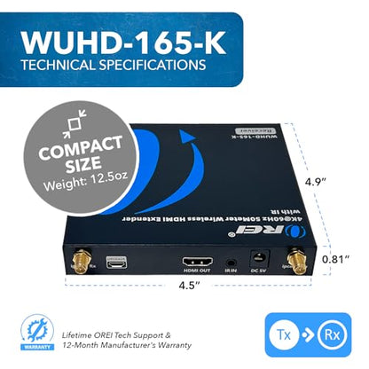 OREI 4K@60Hz HDMI Wireless Extender 165ft, Loop Out One-Way IR SSID Pairing | HDMI Wireless Extender, Wireless HDMI Transmitter – 18Gbps, HDMI 2.0, HDCP 2.2, 5GHz, Plug & Play, Low Latency - size: 4K@60Hz, style: TX & RX Kit