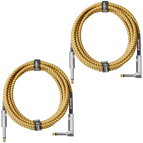 Guitar Cable 10ft 2-Pack, Tweed Cloth Braided Instrument Cable, TS 1/4 Inch Angled to Straight, for Electric Guitar/Bass/Amp, Yellow & Brown - color: Yellow, size: 10ft
