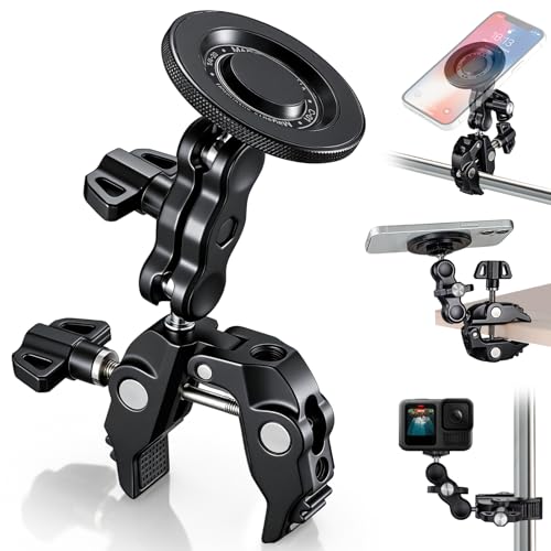 Magnetic Phone Holder for Mic Stand, 360° Rotatable Phone Mount with Clamp | All-Metal Clip Phones Mount for Microphone & Music Stands, Compatible with Magsafe & iPhone 17/16/15/14/13/12