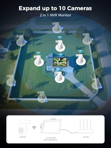 Hiseeu Wireless Security Camera System, 5MP Outdoor Cameras with 10" LCD Monitor 4-Cam Kit, 1TB HDD, Plug & Play NVR, Auto Tracking, 2.4G/5GHz WiFi, 2-Way Audio, Color Night Vision, No Monthly Fees