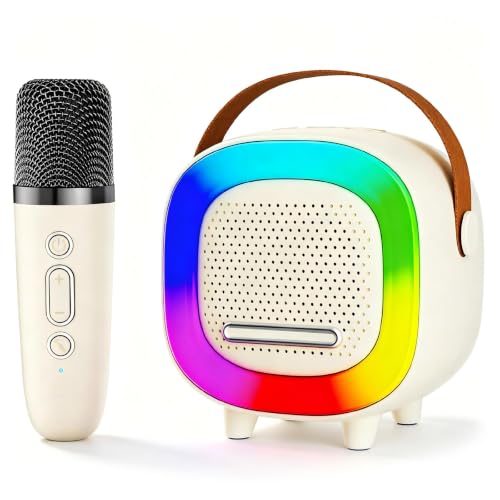 Kids Karaoke Machine Ages 3-12, Mini Wireless Microphones Bluetooth Speaker | LED Party Lights, Voice Changer, Duets, BT 5.3, Rechargeable Portable, Birthday Christmas Toys & Gifts for Boys & Girls - color: Off-White - 1 Mic