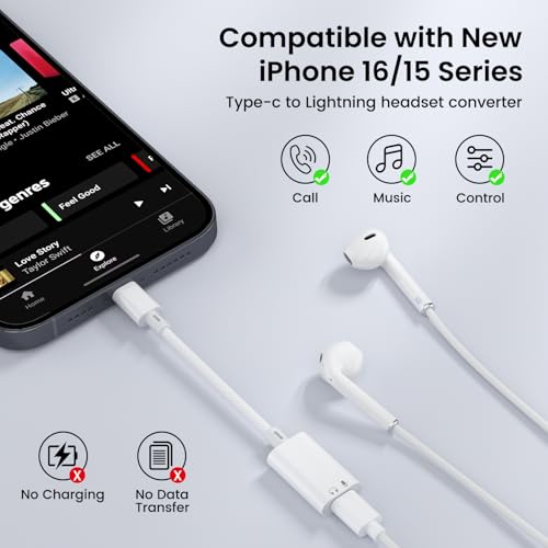 USB C to Lightning Headphone Audio Adapter, USB C Male to Lightning Female Earbuds Audio Adapter Compatible with iPhone 17/16/16e/15 Plus/Pro/Max, iPad Pro, iPad Air 6/5, MacBook (No Charge)[2 Pack] - color: 2Pcs-White