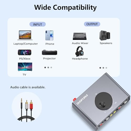 RCA Stereo Audio Switcher, 2 in 1 Out / 1 in 2 Out Bi-Directional RCA Audio Selector Splitter, Passive No External Power Required for TV Speaker Amplifier