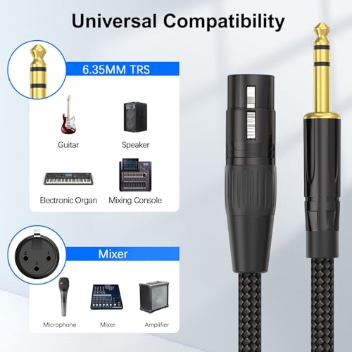 HOSONGIN XLR Female to 1/4 TRS Male Balanced Cable, 6.35mm Balanced Stereo Jack Cable with 3-Pin Connector, Nylon Braided for Live Sound, Electronic Organ, Mixers Studio Gear, 6 Feet - size: 6 Feet