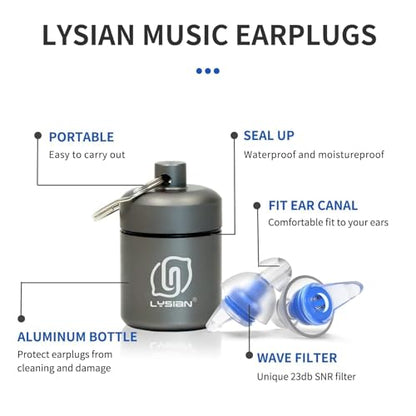 LYSIAN High Fidelity Concert Ear Plugs, 23dB, 2 Pairs with Case, Blue | Reusable soft musician earplugs for concerts, festivals & raves; 23dB noise reduction, 2 pairs with aluminum case - color: Blue&black