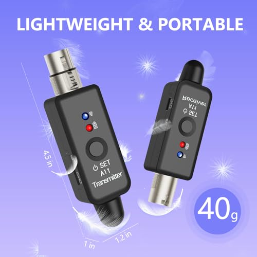 A11 Wireless XLR Microphone System 2.4GHz Transmitter and Receiver | 100ft/30m Range, 24-bit/48kHz, Low Latency, Rechargeable, for Dynamic Microphone, Audio Mixer, PA System (A11(1TX+1RX))