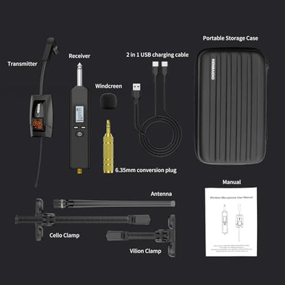 UHF Wireless Violin Cello Microphone System Violin Pickup Clip-on Instrument Microphones with Transmitter and Receiver for Musicians, Teachers, Stage Performances, Active PA Systems, 196ft Range - style: U-730 Violin Cello Microphone