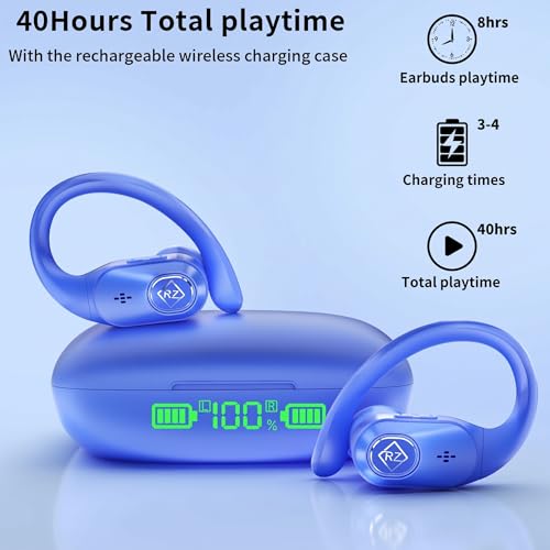 Wireless Earbuds with Ear Hooks 96H Playtime for iPhone Android | LED Display Deep Bass Stereo Sound Built in Mic Sweat Resistant Design Low Latency Mode for Sports Gaming - color: Blue
