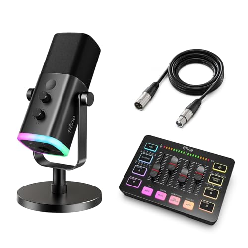 FIFINE Gaming Equipment Bundle with Audio Mixer, XLR/USB Microphone, XLR Cable Set for Streaming, Podcast, RGB PC Mixer with Individual Control, Volume Fader, Computer Dynamic Vocal Mic for Recording