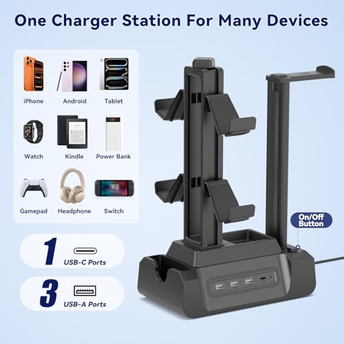 KDD Charging Station for Multiple Devices - 4 Ports Charging Dock with Controller and Headset Stand - 3 USB A & 1 USB C for Cellphone Tablet and Other Electronic - Multi Storage for Gaming Accessories