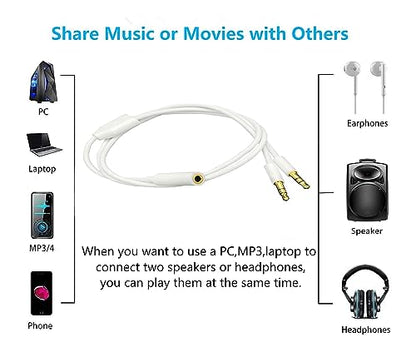3.5mm Headphone Audio Y Splitter 1Female to2Male TRS Cable19.68in | 3.5mm Splitter Cable Gold-Plated Stereo Jack for PC Smartphone MP4 Earphone Mp3 Speaker 0.5m White