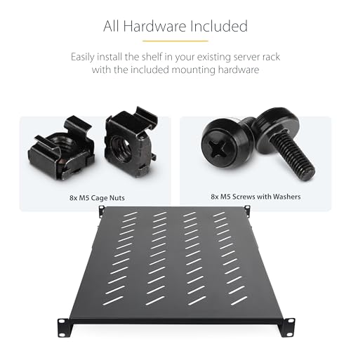StarTech 1U 4-Post Vented Rack Shelf, 28-34.4in, 150lb (ADJSHELFV-Rack) | Adjustable depth 71.1-87.3cm, 150lb/68kg capacity, Cold-rolled steel, M5 hardware - size: 28-34.4in