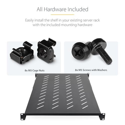 StarTech 1U 4-Post Vented Rack Shelf, 28-34.4in, 150lb (ADJSHELFV-Rack) | Adjustable depth 71.1-87.3cm, 150lb/68kg capacity, Cold-rolled steel, M5 hardware - size: 28-34.4in