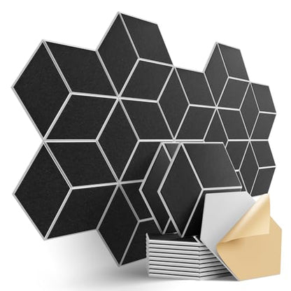 12-Pack Self-Adhesive Acoustic Panels 12" x 10" x 0.4" High-Density, Flame-Resistant Soundproof Foam. Absorbs Noise and Eliminates Echoes, Hexagonal 3D Design(BlackFace) - color: WhiteBase + BlackFace, size: Y-Cut Hexagon 12 Pack