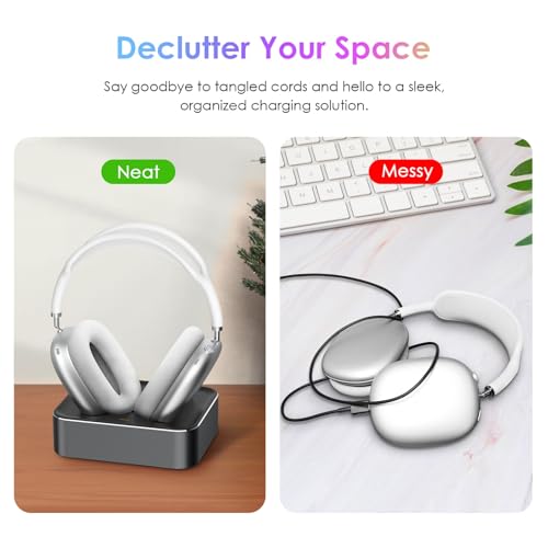 Headphone Charging Station for AirPods Max 1 & 2 - Magnetic Charger Dock with Lightning & USB-C Connectors, LED Indicator, Easy Drop-in Charging (Space Gray) - color: Space Gray