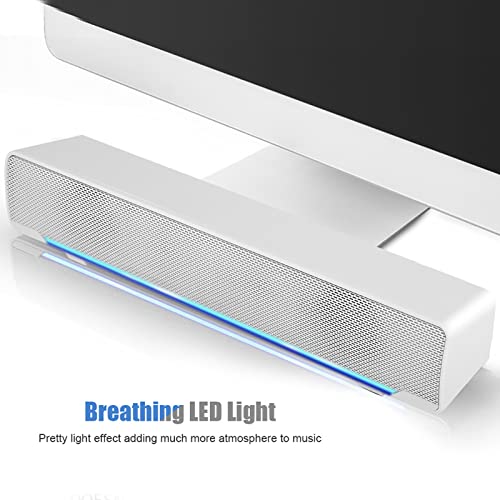 V-196 Computer Sound Bar, White USB Powered 3.5mm Input 2.0 Channel Stereo Soundbar with Volume Knob and Blue LED Breathing Light - color: White