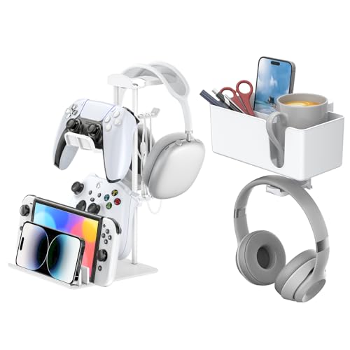 KDD Headphone Stand, Controller & Headset Holder & 4 in 1 Desk Cup Holder - Clamp on Under Desk Headphone Hanger