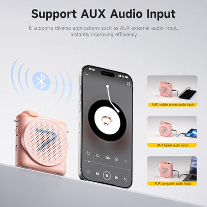 7RYMS WA2 Wireless Voice Amplifier for Teachers with Magnetic lavalier Mic, Wireless Portable Amplifier with Noise Canceling, Mini Voice Amplifier for Classroom, Meeting, Training, Speech (Pink) - color: Pink