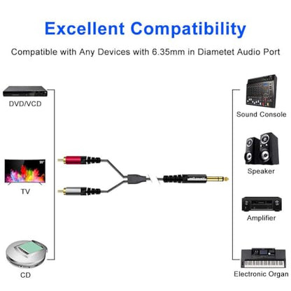 6.35 mm to 2RCA Cable 12 ft, 6.35mm 1/4 inch Male TRS Stereo Plug to RCA Male Audio Y Splitter Cable Insert Cord (12FT/4M) - size: 12FT/4M