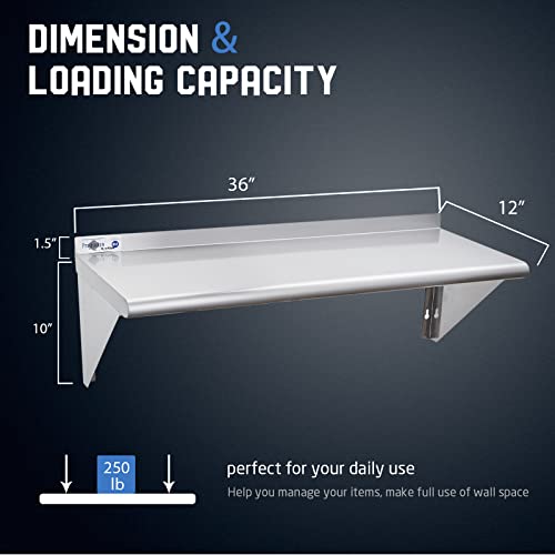 Profeeshaw NSF Stainless Steel Shelf 12''x36'', Commercial Wall Shelving | 250 lb, Wall Mounted Metal Shelves, with Backsplash and 2 Brackets, for Restaurant, Bar, Utility Room, Kitchen and Garage - size: 12"x36"