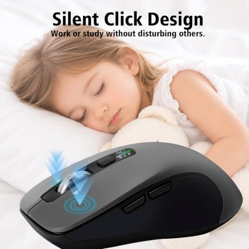 CITLLA Wireless Bluetooth Mouse (USB + BT1 + BT2), Full Size Mouse, 4-Way Scrolling, Multi-Device Silent for Computer, Laptop, iPad, MacBook (Grey) - color: Grey
