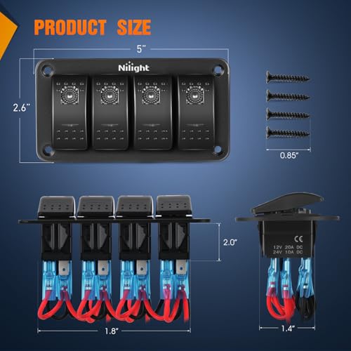 Nilight 4 Gang Rocker Switch Panel w/Purple LED Light 5Pin On Off Pre-Wired | Aluminum Toggle Switches Waterproof for 12V/24V Cars Marine Boats ATVs Trailers RV Trucks - color: Purple, size: 4 Gang