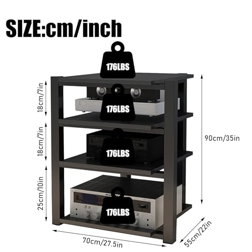 Heavy Duty Audio Rack Tower, Av Media Player Stand with Wooden Shelves, Black Cd Stereo Equipment Cabinet, Suitable for Home,Office/Audio Video/Theate (Black, 4 Tier) - size: 4 Tier