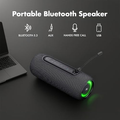 Fisher Portable Bluetooth Speakers IPX5 Waterproof Speaker, 14W Peak Power | Stereo Bluetooth Speaker, RGB Lights, TWS, BT 5.3, Built-in Mic, Hands Free Calling Speakers Bluetooth Wireless, Use Anywhere - color: Black