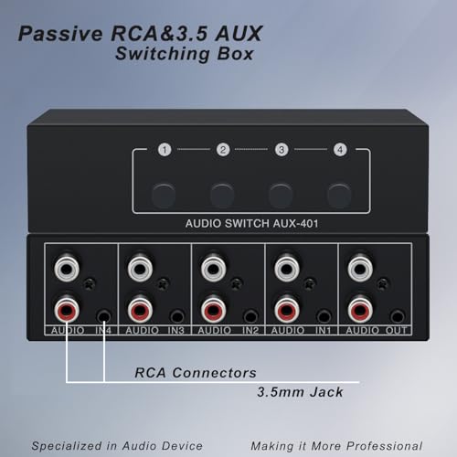 4 in 1 Out RCA Audio Switcher 3.5mm Aux Stereo Audio Switch Box 4 Channel Passive Audio Selector RCA Splitter Box Bi‑Directional Audio Converter for DVD Player Game Console Headphone Home Theater