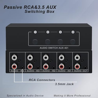 4 in 1 Out RCA Audio Switcher 3.5mm Aux Stereo Audio Switch Box 4 Channel Passive Audio Selector RCA Splitter Box Bi‑Directional Audio Converter for DVD Player Game Console Headphone Home Theater