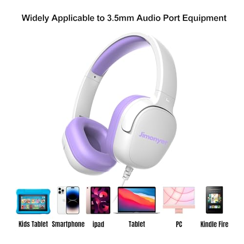 Jimonyer Kids Headphones for School, 3.5mm Jack Wired Headphones for Kids with Safe Volume Limiter, HD Stereo Sound On-Ear Girls Boys Toddler Headphone for Tablet, iPad, Kindle(WhitePurple) - color: WhitePurple