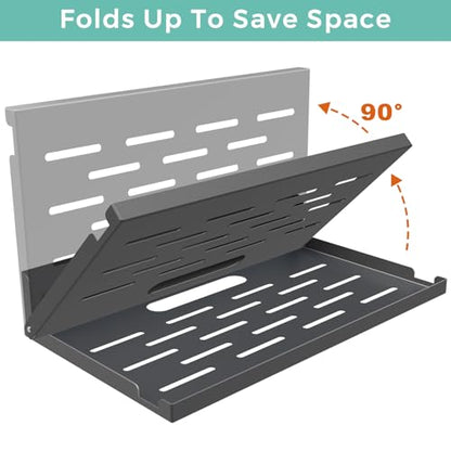Router Shelf Wall Mount Foldable - 14" Width for Router and Modem | Fold Up Metal Shelf w/Cable Hole & Heat Vents | Space-Saving Holder for WiFi Devices/TV Box (14" W×8" D, Black) - color: Black (14-inch)