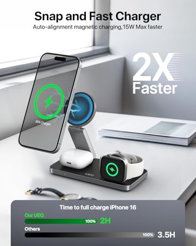 UEQ Foldable 3 in 1 Wireless Charging Station for Apple Magsafe Charger Stand,Fast Magnetic Wireless Charger Station for iPhone 17 Air 16 15 14 13 12 Series,Airpods Pro,Apple Watch Ultra (Pure Black) - color: Carbon Black