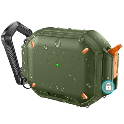Waterproof Case with Lock for AirPods Pro 3 | IP68 waterproof, Mil-grade drop-proof, Secure lock, Keychain & stand. Hard protection for AirPods Pro 3. - color: Green