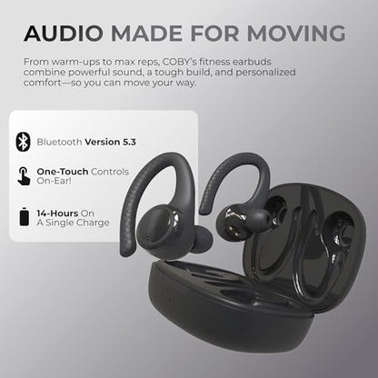True Wireless Bluetooth Earbuds, Sweatproof Ear Hooks, 14HR Playtime, Black | Multi-Sized Ear Gels for Small, Medium & Large Ears, Voice & Touch Controls, Take Calls, Skip Tracks, Water-Resistant Design - color: Black