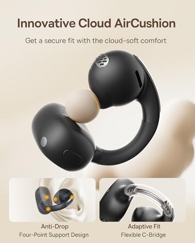 Baseus Bowie MC1 Open Ear Clip-On Earbuds, Adaptive Comfort with Anti-Drop Design, Impactful Sound with Adaptive Bass Boost, Adaptive Noise Cancelling Calls, IP57 Waterproof, 40H Playtime, Lightweight - color: Black