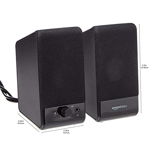 Amazon Basics USB-Powered Computer Speakers with Volume Control for Desktop or Laptop PC, Compact Size, Headphone Jack, Portable, Plug-N-Play, Black - size: 1-Pack, style: USB