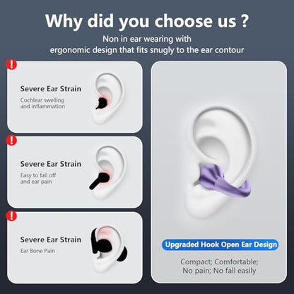 Ultra Open Ear Headphones Bluetooth 5.3 Wireless Bone Conduction Clip On Earbuds with Digital Display Charging Case 60 Hours Playtime Sport Earphones IPX7 Waterproof for Running Fitness Purple