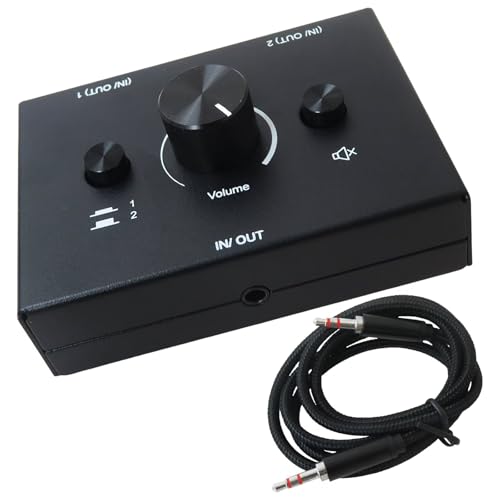 3.5mm L/R Stereo Audio Switch 2-Way Switcher Manual Selector 2(1)-in-1(2)-Out 3.5 mm Audio Selector, Plug & Play