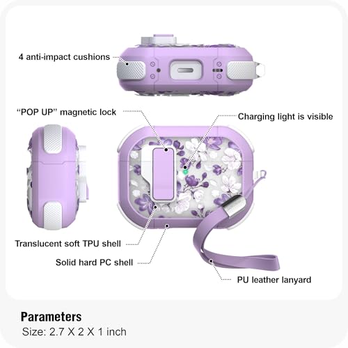 WENEW for AirPods Pro 3 Case (2025) Cover Secure Lock Automatic Snap Switch Clip Cleaner Kit Lanyard Women Stylish Flower Hard Shell Full Body Front LED Visible (Purple Flower, AirPods Pro 3) - color: Purple flower, size: AirPods Pro 3