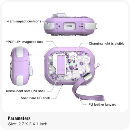 WENEW for AirPods Pro 3 Case (2025) Cover Secure Lock Automatic Snap Switch Clip Cleaner Kit Lanyard Women Stylish Flower Hard Shell Full Body Front LED Visible (Purple Flower, AirPods Pro 3) - color: Purple flower, size: AirPods Pro 3