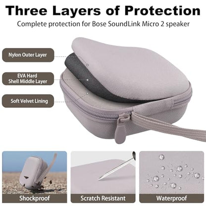 for Bose New SoundLink Micro 2nd Gen Speaker Protective Case, Sand | EVA Hard Shell, Soft Velvet Lining, Durable Wrist Strap, Portable Travel Bag with Carabiner, Mesh Accessory Pocket - color: Sand Case