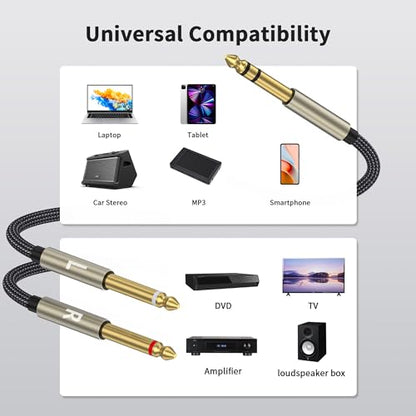 1/4 inch TRS Stereo Y-Splitter Insert Cable, 1/4 Inch Male Jack to Dual 1/4inch(6.35mm) Male TS Mono Breakout Cable Audio Patch Cord (26FT) - size: 26FT