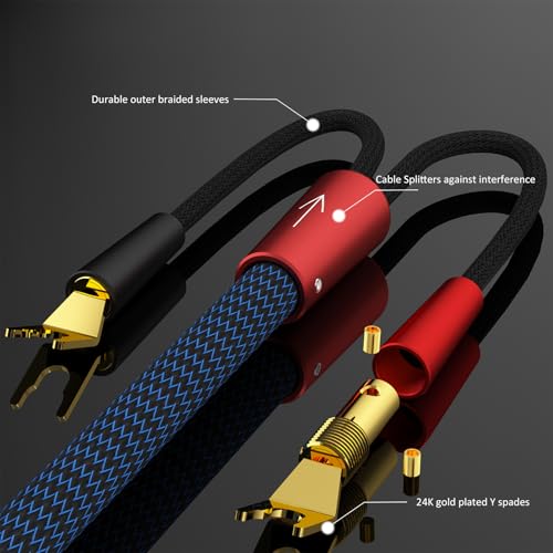 Preffair 1 Pair HiFi Speaker Cable 13AWG/2.6mm2 OFC Copper Shielded Speaker Wires with Gold Plated Y Spade Plugs Bradided Sleeves Protection for Speaker, Amplifier (Blue-Black, 10 feet) - color: Blue-Black, size: 10 feet