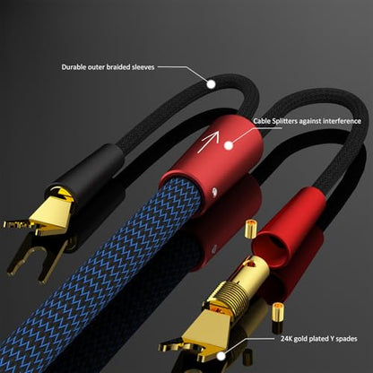 Preffair 1 Pair HiFi Speaker Cable 13AWG/2.6mm2 OFC Copper Shielded Speaker Wires with Gold Plated Y Spade Plugs Bradided Sleeves Protection for Speaker, Amplifier (Blue-Black, 10 feet) - color: Blue-Black, size: 10 feet