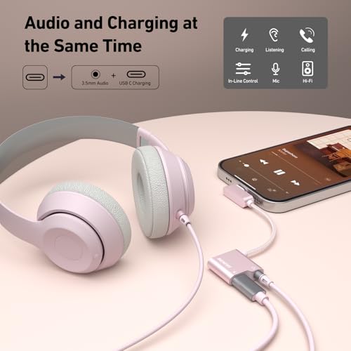 BENFEI USB C to Audio Jack Adapter with 60W Fast Charging, USB-C to 3.5mm Female Headphone Compatible with iPhone 16/15 Pro Max/Pro, Samsung Galaxy S24/S23/S22/S21 Ultra, iPad Pro, Pixel 8 Pink - color: pink, size: 3.5mm + PD