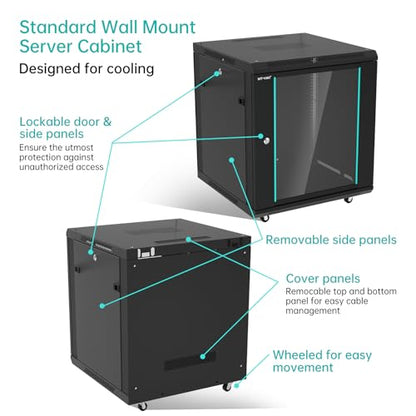 MT-VIKI 12U Server Cabinet Network Rack Vented Enclosure w/Moving Wheel, 0.8mm Thick Steel, 23.6‘’ Deep (600mm), for 19'' IT Equipment, Included 1pcs 12'' Depth Rack Shelf - size: 12U