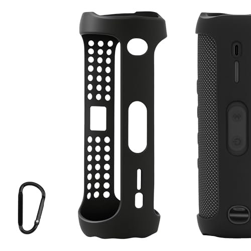 Geekria Silicone Speaker Case Cover, Compatible with JBL Flip 5, Protective Waterproof Soft Skin, Replacement Portable Speakers Travel Carrying Sleeve with Keychain Hook (Black)
